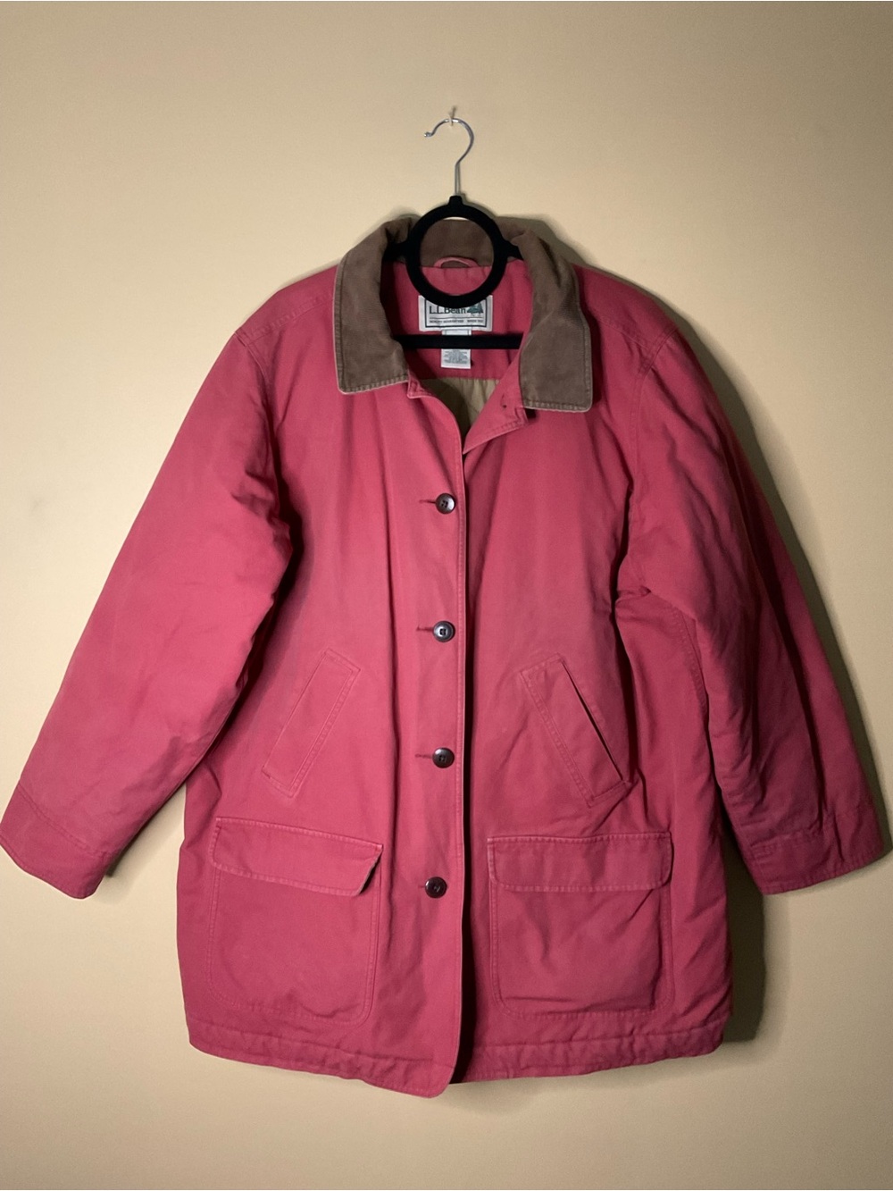 L.L. Bean Rose Pink Barn Coat with Tan Corduroy Collar